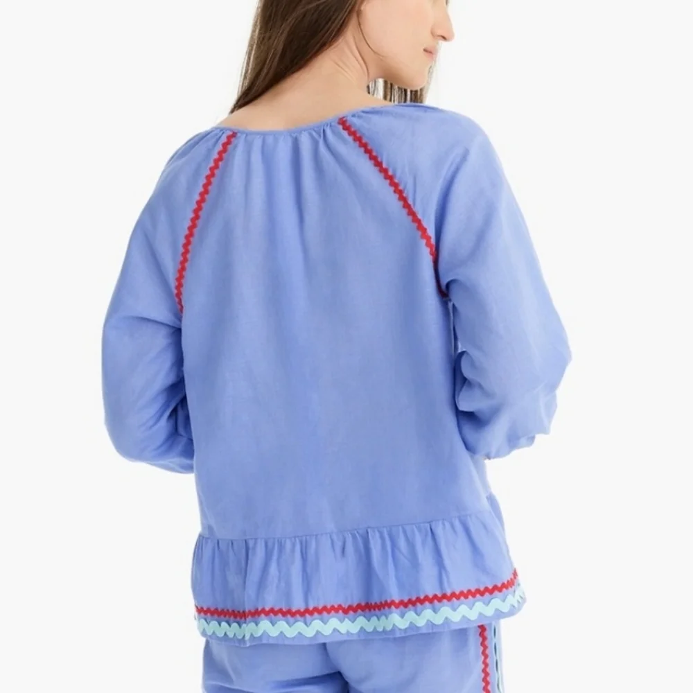 J. Crew Linen blend Peplum Blue ric rac blouse